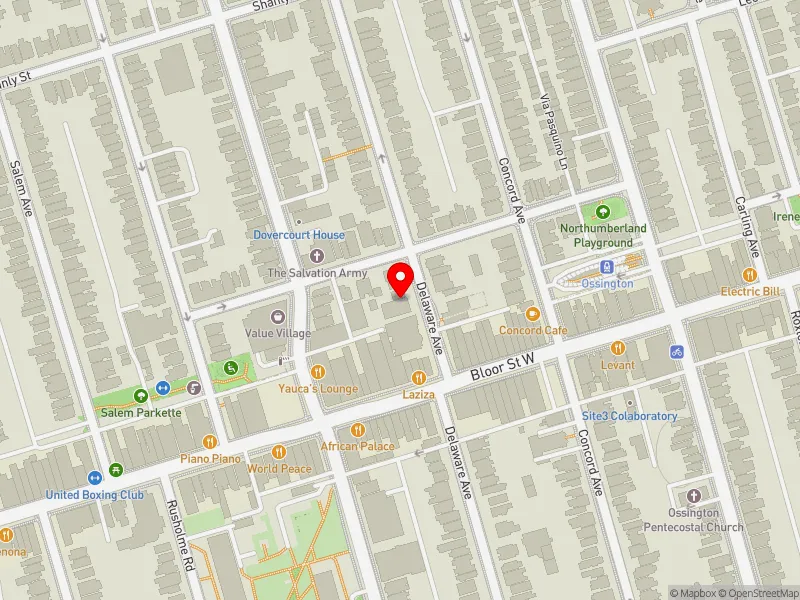 RentSafeTO apartment evaluation map view of 220 DELAWARE AVE in Davenport, Toronto