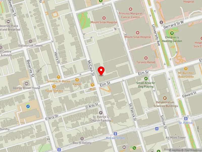 RentSafeTO apartment evaluation map view of 222 ELM ST in University-Rosedale, Toronto