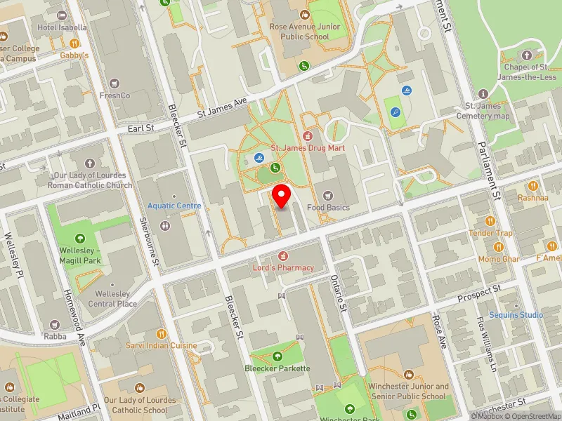 RentSafeTO apartment evaluation map view of 222 WELLESLEY ST E in Toronto Centre, Toronto