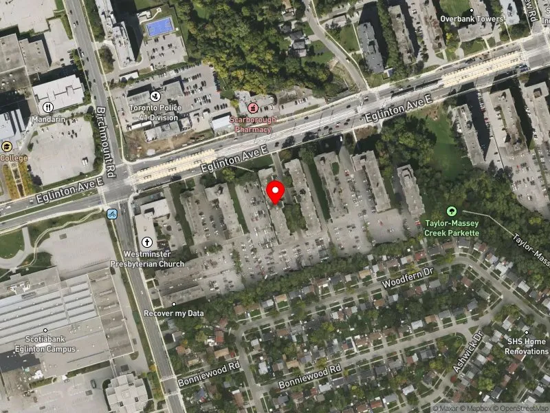 RentSafeTO apartment evaluation satellite view of 2231 EGLINTON AVE E in Scarborough Southwest, Toronto