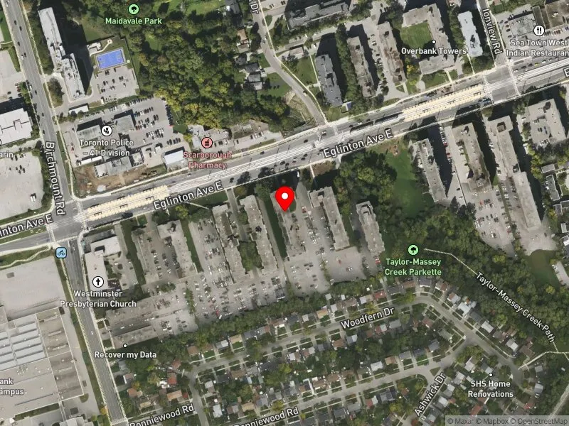 RentSafeTO apartment evaluation satellite view of 2239 EGLINTON AVE E in Scarborough Southwest, Toronto