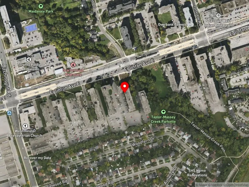 RentSafeTO apartment evaluation satellite view of 2243 EGLINTON AVE E in Scarborough Southwest, Toronto
