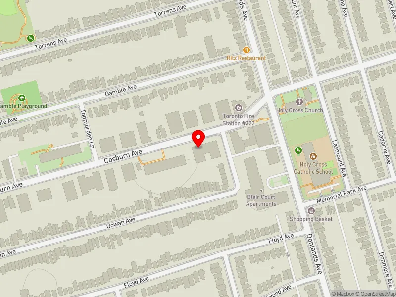 RentSafeTO apartment evaluation map view of 225 COSBURN AVE in Toronto-Danforth, Toronto