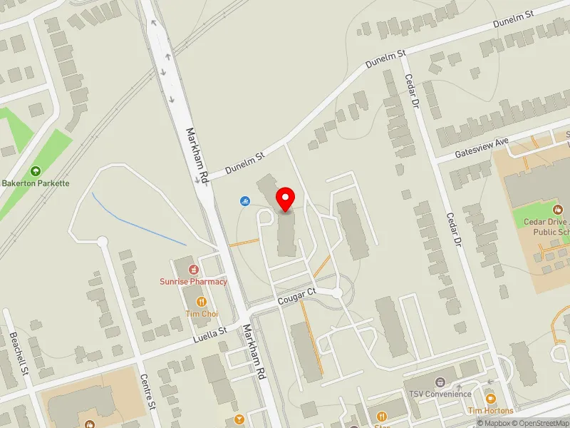 RentSafeTO apartment evaluation map view of 225 MARKHAM RD in Scarborough-Guildwood, Toronto