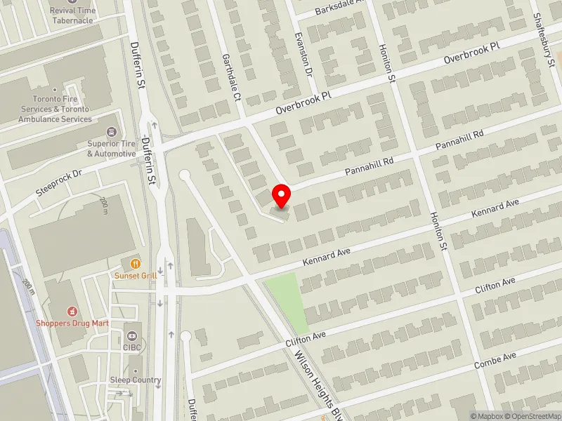 RentSafeTO apartment evaluation map view of 229 PANNAHILL RD in York Centre, Toronto