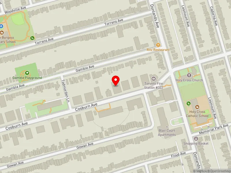 RentSafeTO apartment evaluation map view of 230 COSBURN AVE in Toronto-Danforth, Toronto