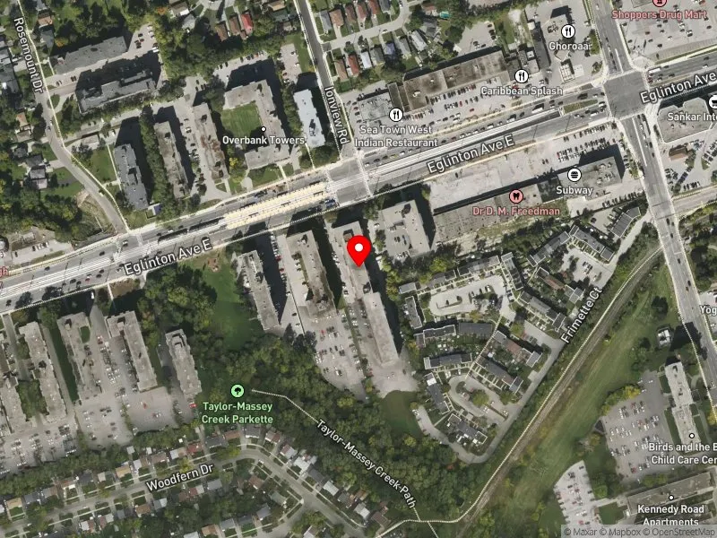 RentSafeTO apartment evaluation satellite view of 2303 EGLINTON AVE E in Scarborough Southwest, Toronto