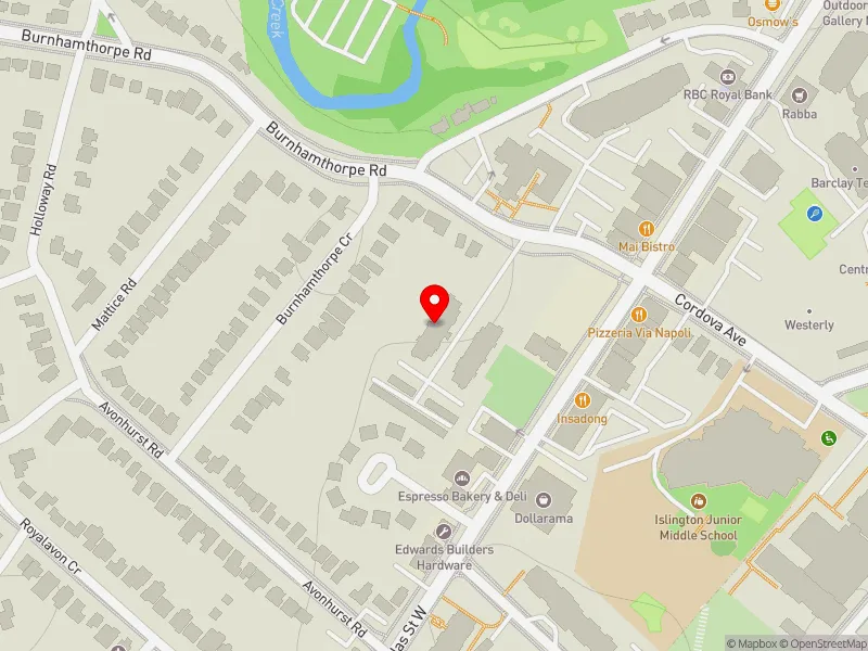 RentSafeTO apartment evaluation map view of 24 BURNHAMTHORPE RD in Etobicoke-Lakeshore, Toronto