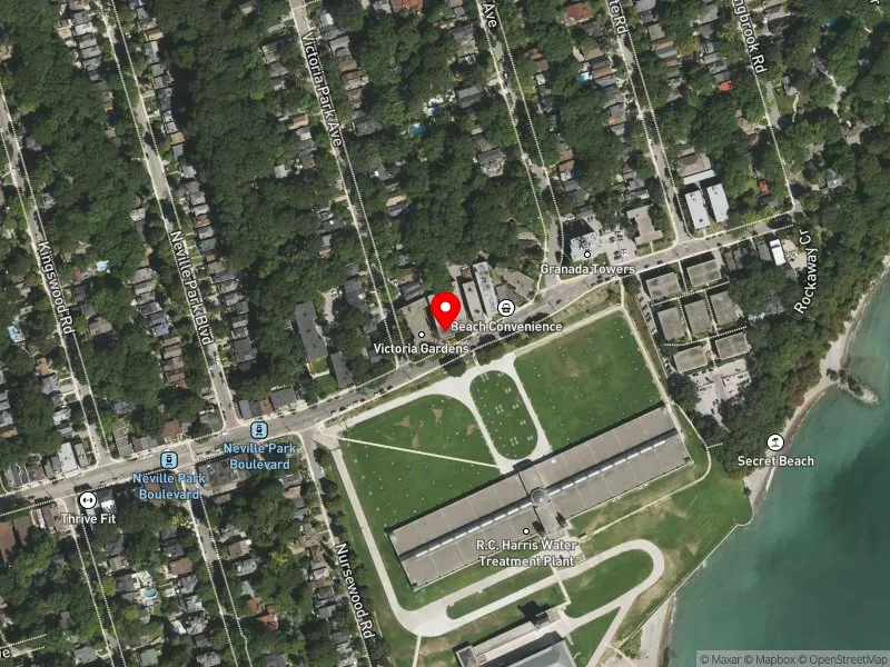 RentSafeTO apartment evaluation satellite view of 2402 QUEEN ST E in Scarborough Southwest, Toronto