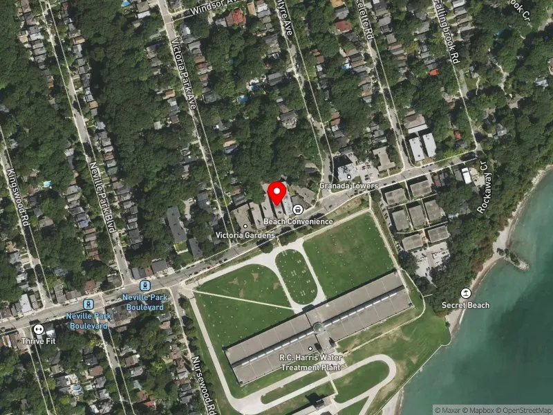 RentSafeTO apartment evaluation satellite view of 2406 QUEEN ST E in Scarborough Southwest, Toronto