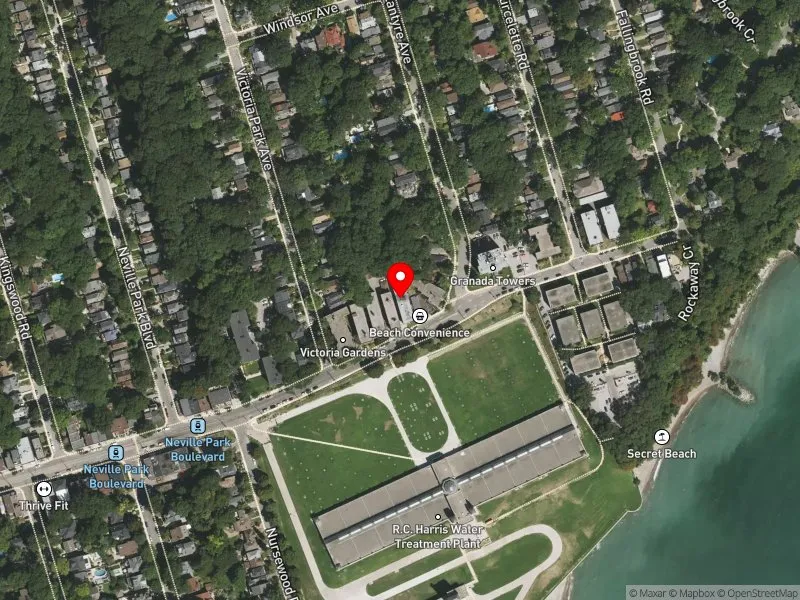 RentSafeTO apartment evaluation satellite view of 2412 QUEEN ST E in Scarborough Southwest, Toronto