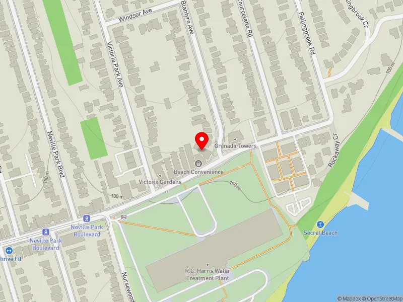 RentSafeTO apartment evaluation map view of 2422 QUEEN ST E in Scarborough Southwest, Toronto