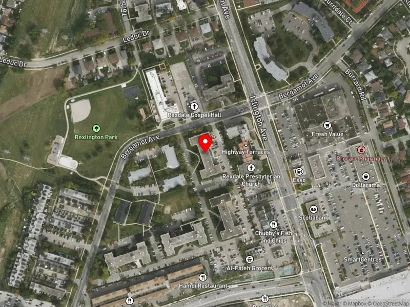 RentSafeTO apartment evaluation satellite view of 25 BERGAMOT AVE in Etobicoke North, Toronto