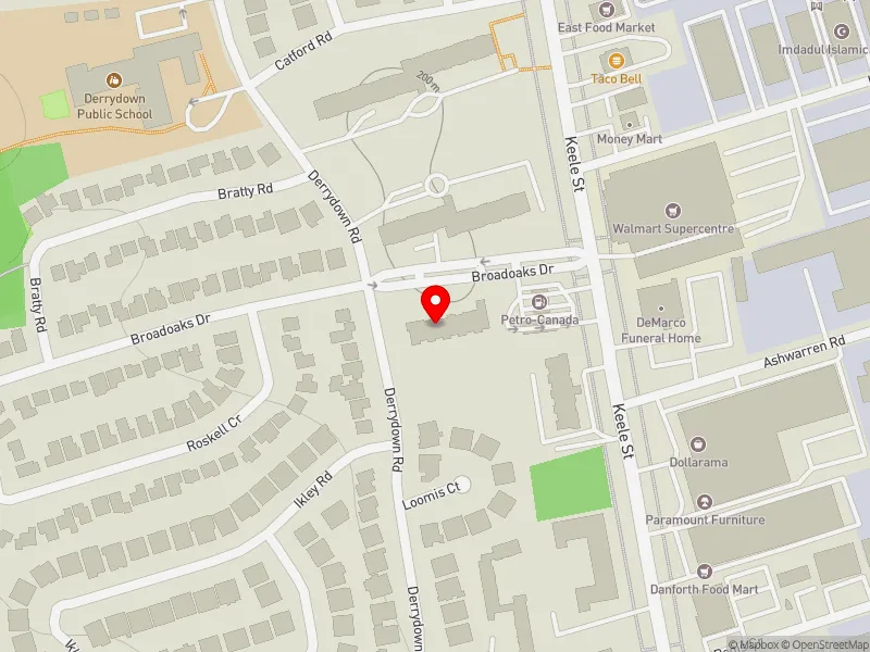 RentSafeTO apartment evaluation map view of 25 BROADOAKS DR in Humber River-Black Creek, Toronto