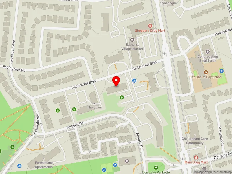 RentSafeTO apartment evaluation map view of 25 CEDARCROFT BLVD in York Centre, Toronto