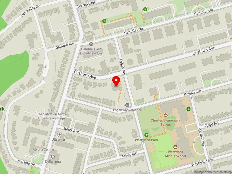 RentSafeTO apartment evaluation map view of 25 COSBURN AVE in Toronto-Danforth, Toronto