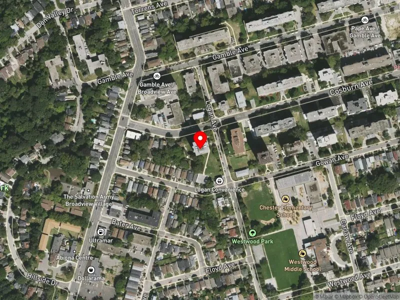 RentSafeTO apartment evaluation satellite view of 25 COSBURN AVE in Toronto-Danforth, Toronto