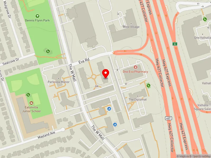 RentSafeTO apartment evaluation map view of 25 EVA RD in Etobicoke Centre, Toronto