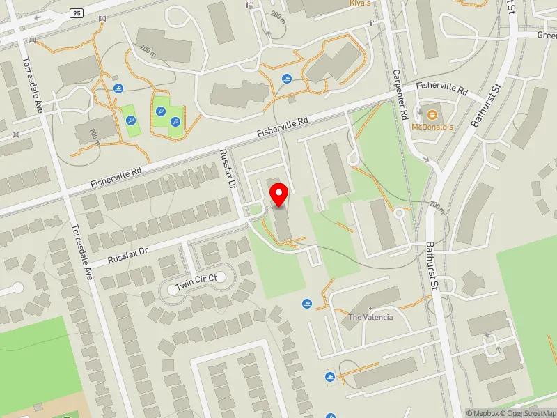 RentSafeTO apartment evaluation map view of 25 FISHERVILLE RD in York Centre, Toronto