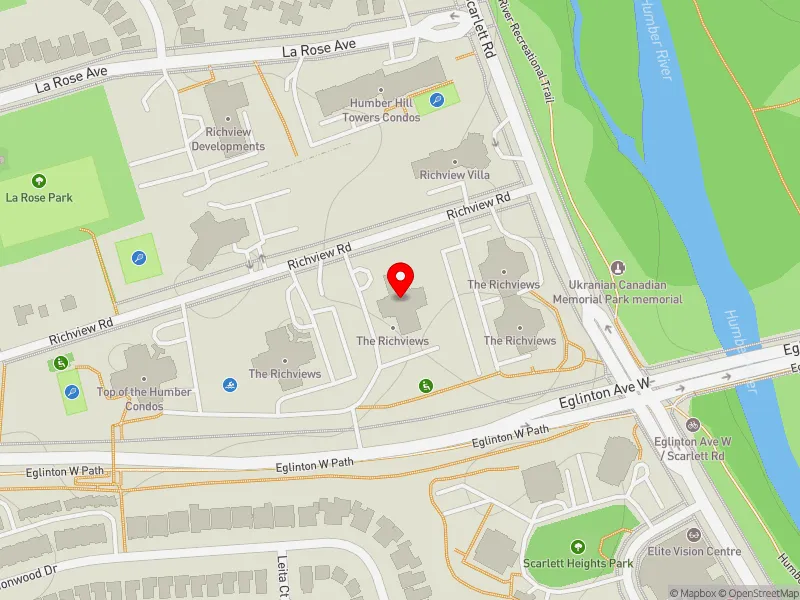 RentSafeTO apartment evaluation map view of 25 RICHVIEW RD in Etobicoke Centre, Toronto