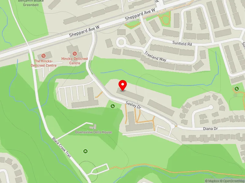 RentSafeTO apartment evaluation map view of 25 SEELEY DR in York Centre, Toronto