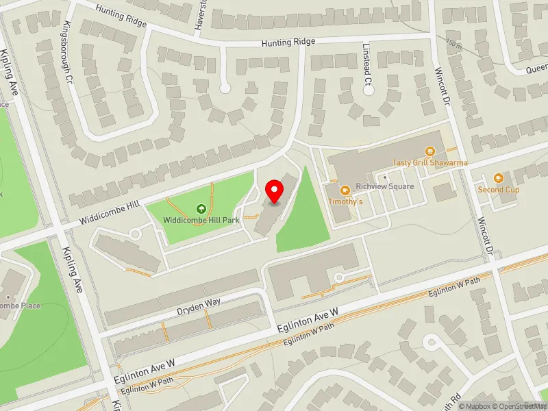 RentSafeTO apartment evaluation map view of 25 WIDDICOMBE HILL in Etobicoke Centre, Toronto