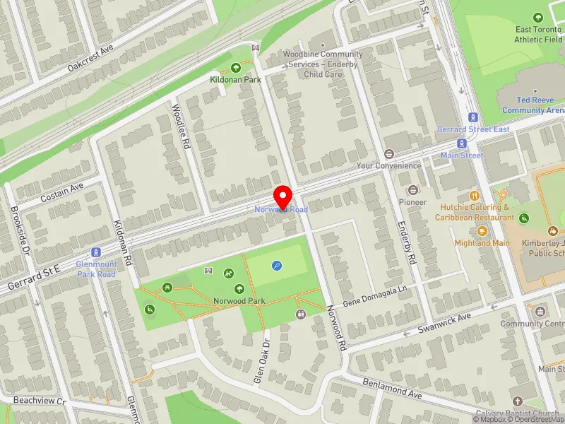 RentSafeTO apartment evaluation map view of 26 NORWOOD RD in Beaches-East York, Toronto