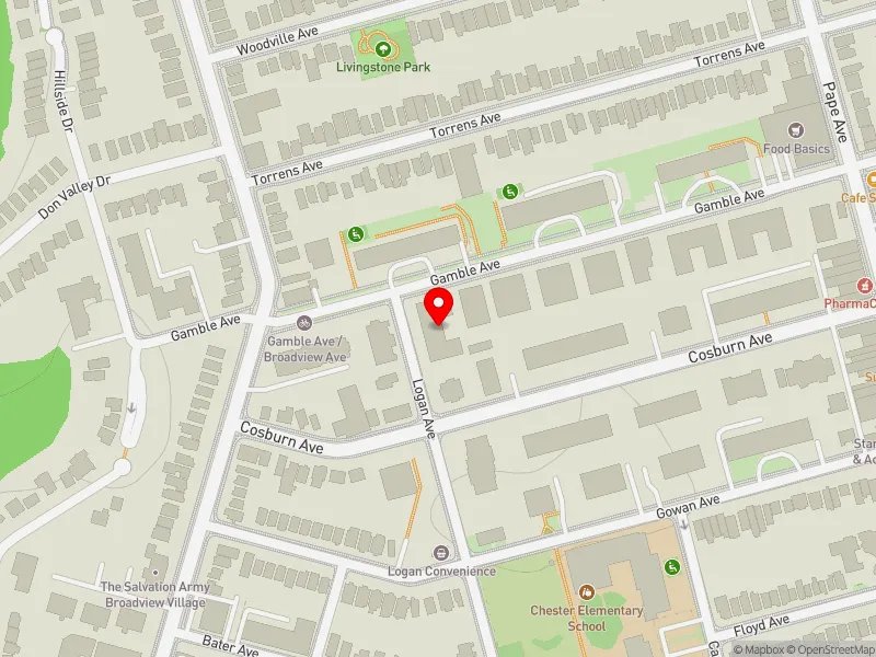 RentSafeTO apartment evaluation map view of 27 GAMBLE AVE in Toronto-Danforth, Toronto