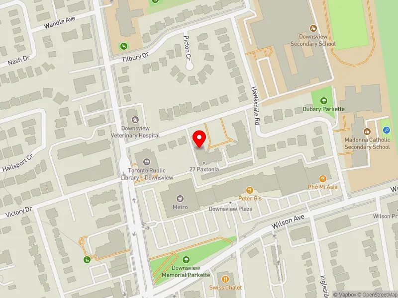 RentSafeTO apartment evaluation map view of 27 PAXTONIA BLVD in York Centre, Toronto