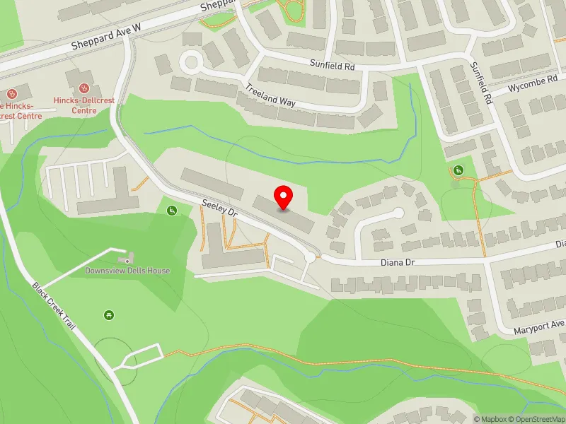 RentSafeTO apartment evaluation map view of 27 SEELEY DR in York Centre, Toronto