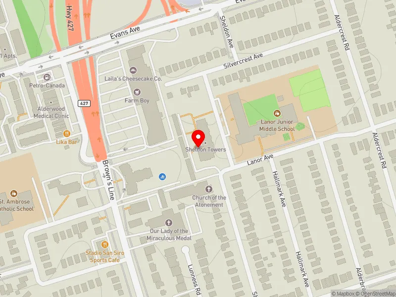 RentSafeTO apartment evaluation map view of 270 SHELDON AVE in Etobicoke-Lakeshore, Toronto