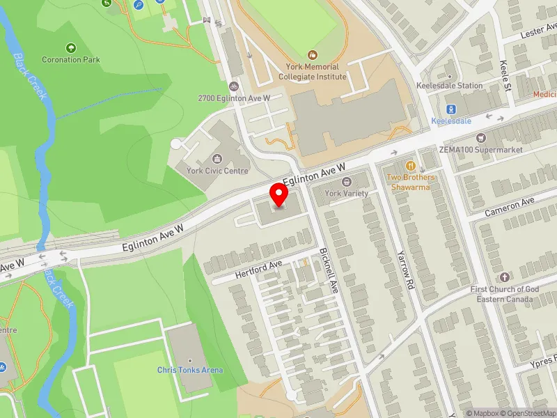 RentSafeTO apartment evaluation map view of 2701 EGLINTON AVE W in York South-Weston, Toronto