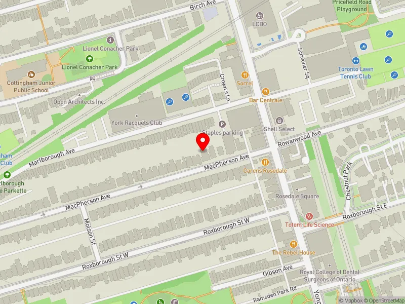 RentSafeTO apartment evaluation map view of 28 MACPHERSON AVE in University-Rosedale, Toronto