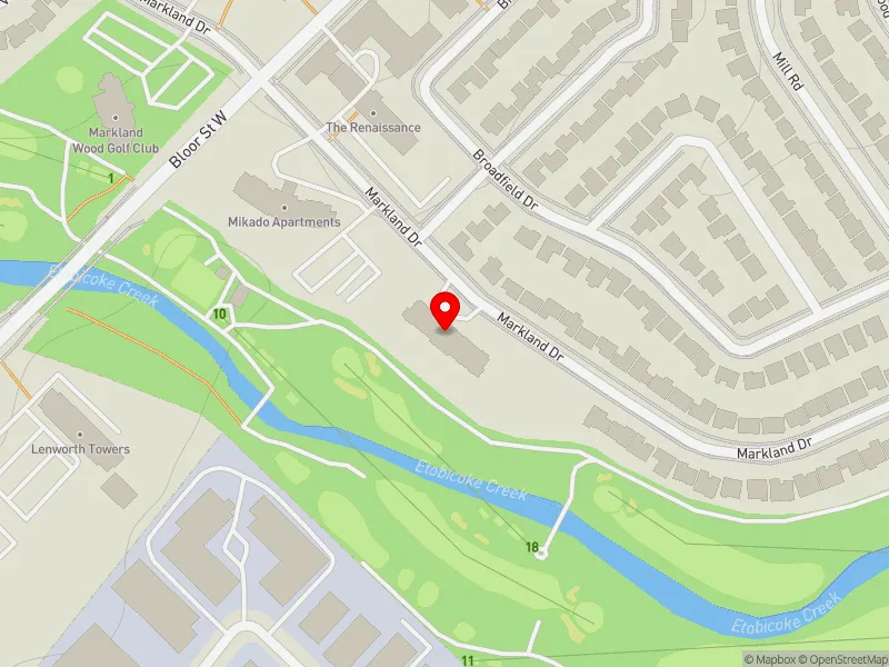 RentSafeTO apartment evaluation map view of 287 MARKLAND DR in Etobicoke Centre, Toronto