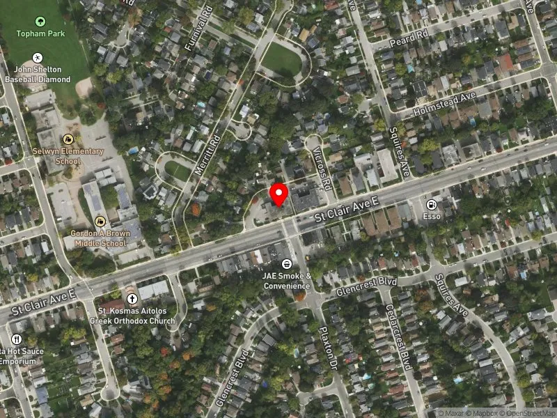 RentSafeTO apartment evaluation satellite view of 2890 ST CLAIR AVE E in Beaches-East York, Toronto