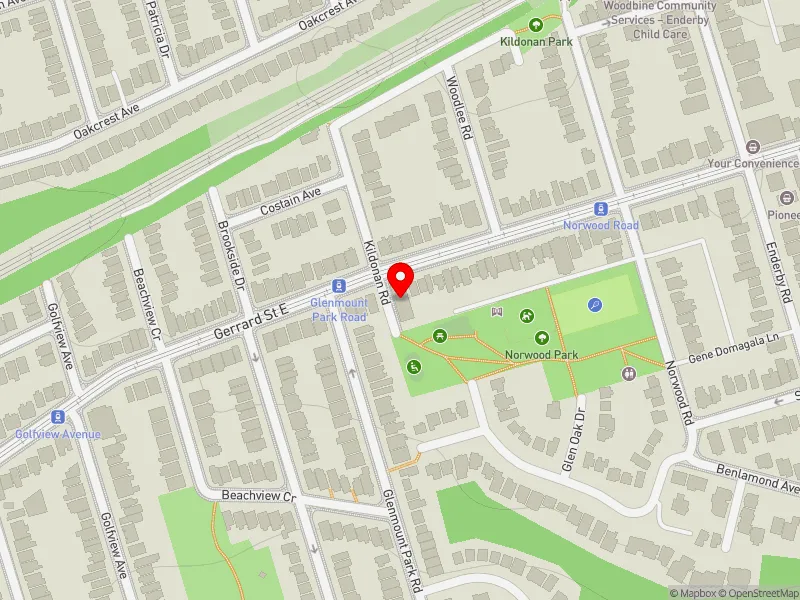 RentSafeTO apartment evaluation map view of 29 KILDONAN RD in Beaches-East York, Toronto