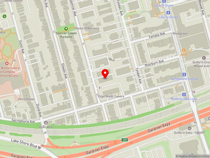 RentSafeTO apartment evaluation map view of 29 SPENCER AVE in Parkdale-High Park, Toronto