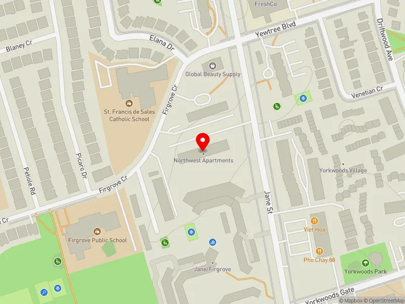 RentSafeTO apartment evaluation map view of 2900 JANE ST in Humber River-Black Creek, Toronto