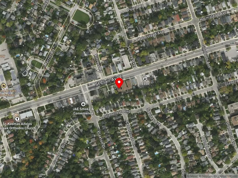 RentSafeTO apartment evaluation satellite view of 2901 ST CLAIR AVE E in Beaches-East York, Toronto