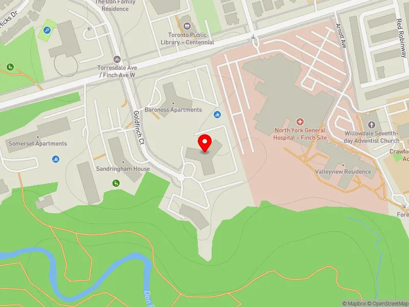 RentSafeTO apartment evaluation map view of 3 GOLDFINCH CRT in York Centre, Toronto