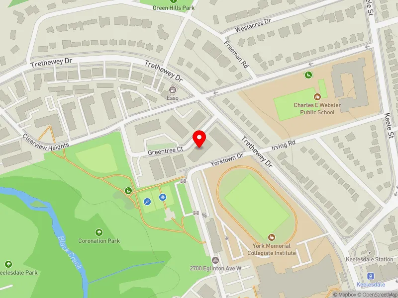 RentSafeTO apartment evaluation map view of 3 GREENTREE CRT in York South-Weston, Toronto