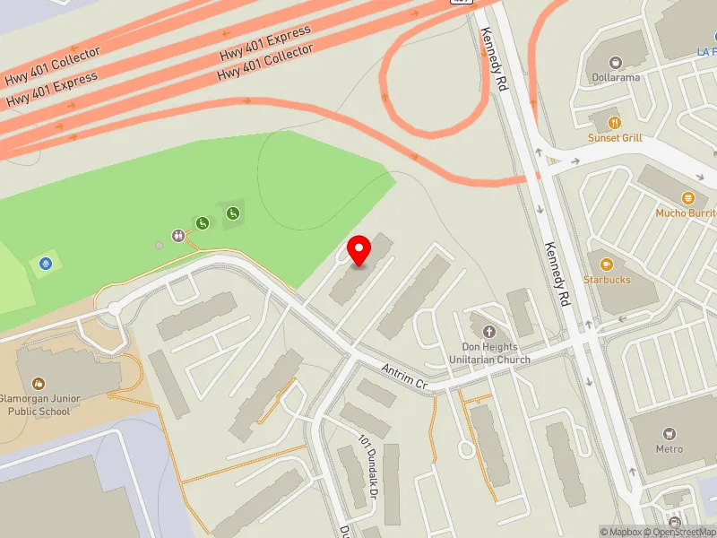 RentSafeTO apartment evaluation map view of 30 ANTRIM CRES in Scarborough Centre, Toronto