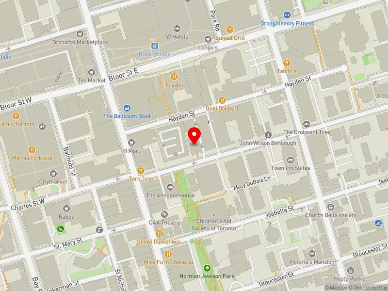 RentSafeTO apartment evaluation map view of 30 CHARLES ST E in University-Rosedale, Toronto