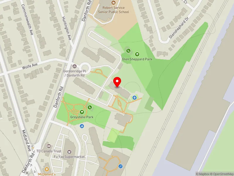 RentSafeTO apartment evaluation map view of 30 GORDONRIDGE PL in Scarborough Southwest, Toronto