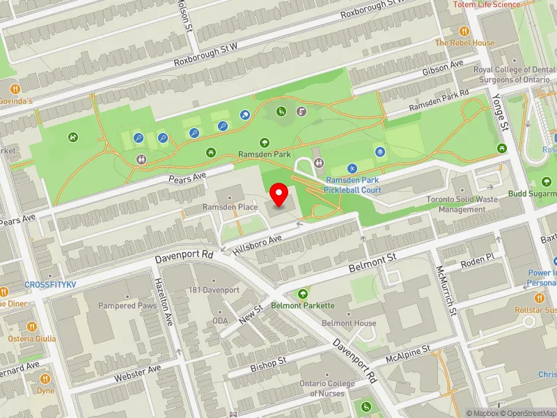 RentSafeTO apartment evaluation map view of 30 HILLSBORO AVE in University-Rosedale, Toronto