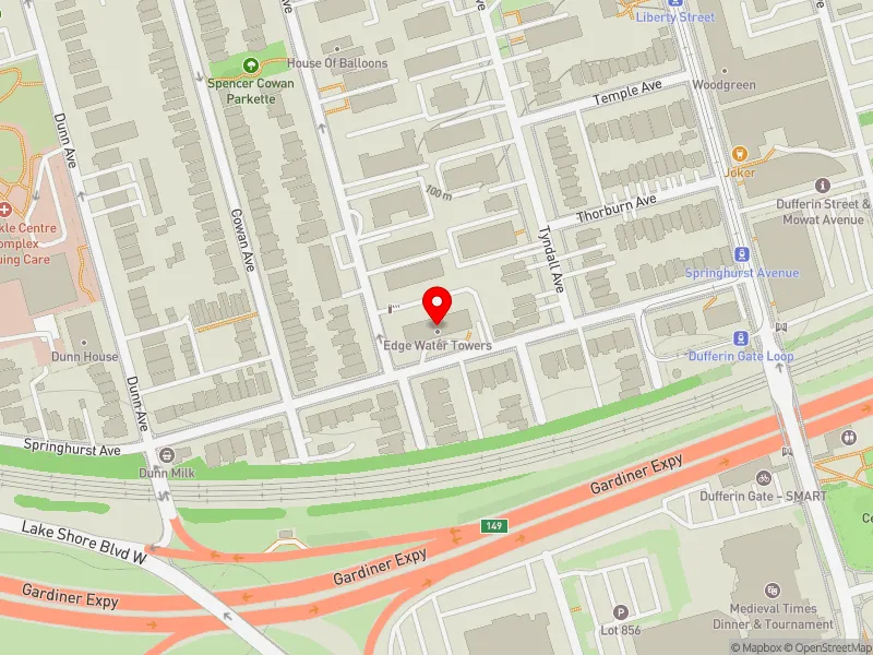 RentSafeTO apartment evaluation map view of 30 SPRINGHURST AVE in Parkdale-High Park, Toronto