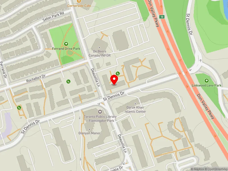 RentSafeTO apartment evaluation map view of 30 ST DENNIS DR in Don Valley East, Toronto