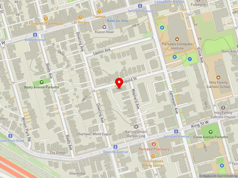 RentSafeTO apartment evaluation map view of 32 MAYNARD AVE in Parkdale-High Park, Toronto