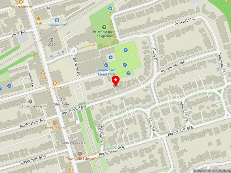 RentSafeTO apartment evaluation map view of 32 ROWANWOOD AVE in University-Rosedale, Toronto