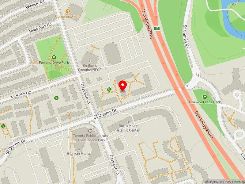 RentSafeTO apartment evaluation map view of 32 ST DENNIS DR in Don Valley East, Toronto
